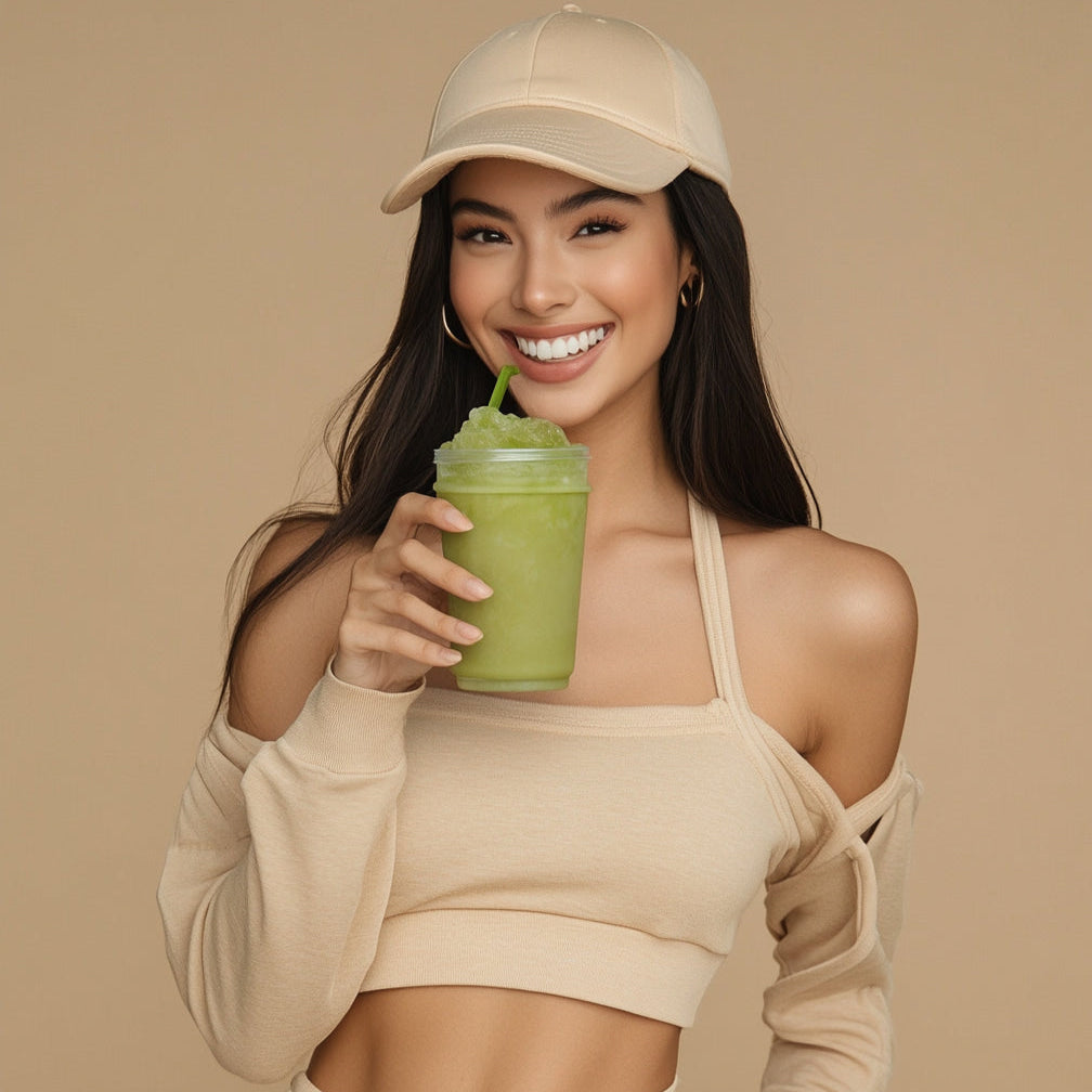 Femme qui boit une boisson au matcha