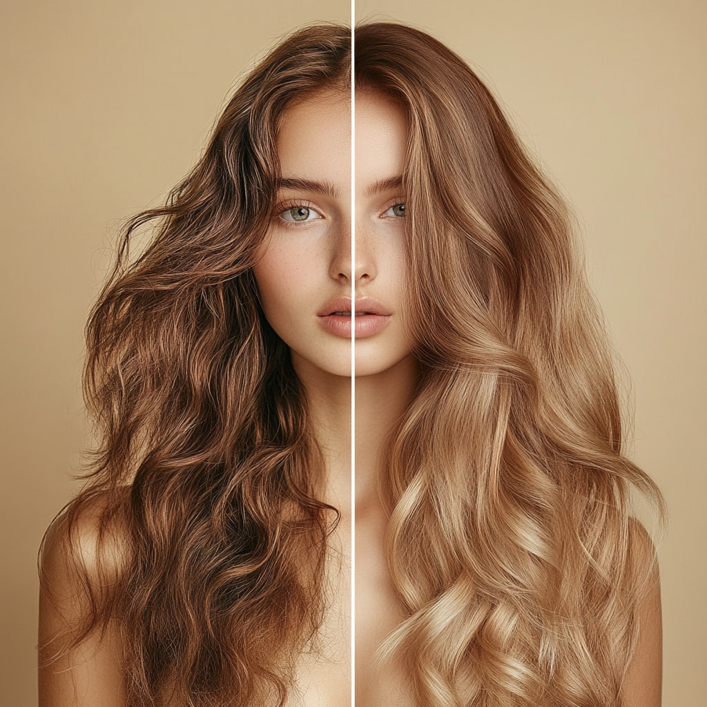 Femme avec des cheveux ondulés abimés à gauche et en bonne santé à droite