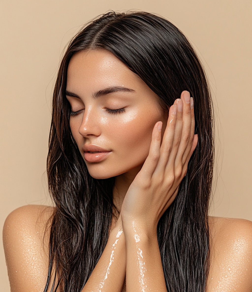 Femme faisant la méthode "praying hand" pour entretenir ses cheveux