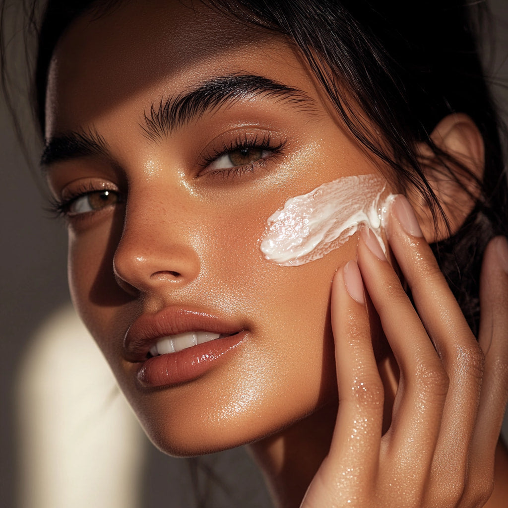 Femme qui applique de la crème de cosmétique sur son visage