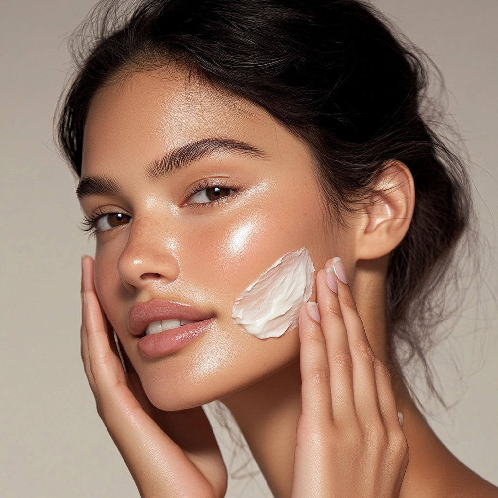 Femme qui met de la crème de beauté sur son visage