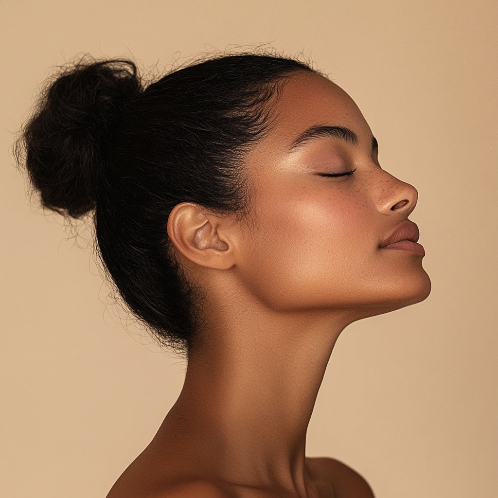Photographie d'une femme serène de profil sur un fond beige