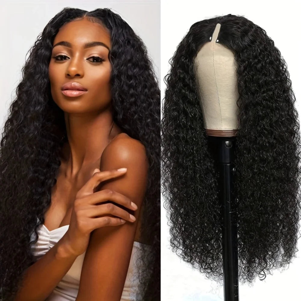 Longue perruque naturelle bouclé en V part sur un mannequin - Djohannie Beauty