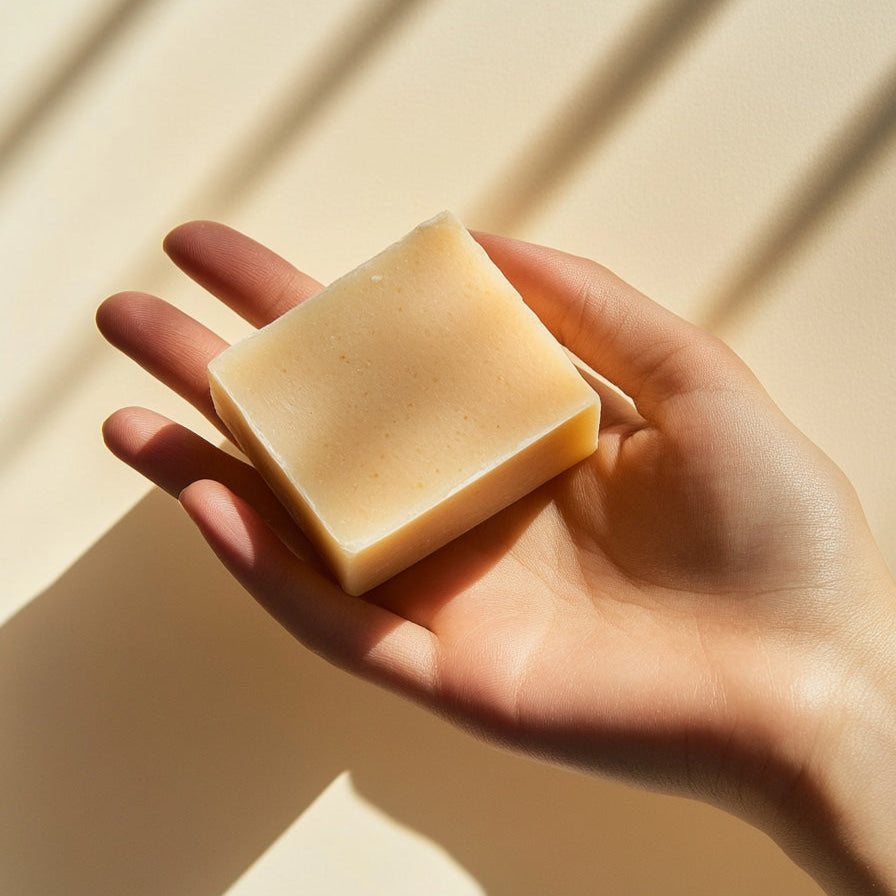 Une main qui tient un savon solide beige